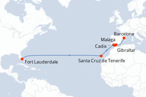 carte itinéraire croisière Transatlantique 15 jours au départ du port de Barcelone