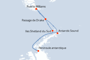Carte de l'itinéraire de croisière Puerto Williams-Puerto Williams d'une durée de 10 jours