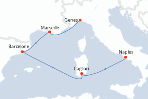 Carte de l'itinéraire de croisière Genes-Naples d'une durée de 5 jours