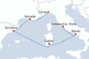 Carte itinéraire croisière Italie, France, Espagne - 6 jours au départ de Genes - Méditerranée