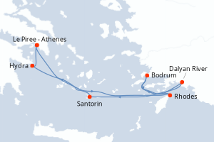carte itinéraire croisière Méditerranée 7 jours au départ du port de Le Piree - Athenes