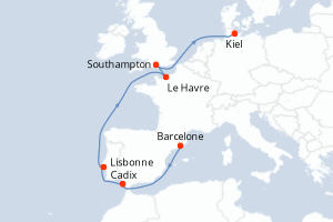 carte itinéraire croisière Europe du Nord 10 jours au départ du port de Barcelone