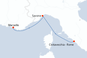 Carte itinéraire croisière Italie, France - 2 jours au départ de Civitavecchia - Rome - Méditerranée