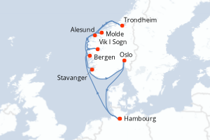 carte itinéraire croisière Fjörds norvégiens 11 jours au départ du port de Hambourg