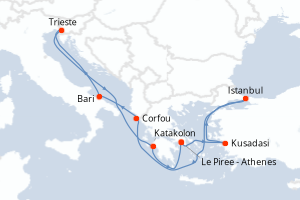 carte itinéraire croisière Méditerranée 9 jours au départ du port de Le Piree - Athenes