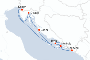 carte itinéraire croisière Adriatique 7 jours au départ du port de Dubrovnik