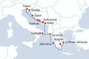 carte itinéraire croisière Méditerranée 14 jours au départ du port de Dubrovnik