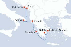 carte itinéraire croisière Méditerranée 7 jours au départ du port de Dubrovnik