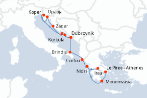 carte itinéraire croisière Méditerranée 14 jours au départ du port de Le Piree - Athenes