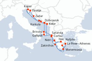 carte itinéraire croisière Méditerranée 21 jours au départ du port de Le Piree - Athenes