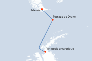 carte itinéraire croisière Antarctique 10 jours au départ du port de Ushuaia