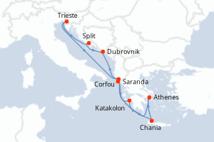 carte itinéraire croisière Méditerranée 10 jours au départ du port de Athenes