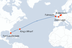 Carte de l'itinéraire de croisière Rotterdam-Fort Lauderdale d'une durée de 15 jours
