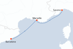 Carte de l'itinéraire de croisière Barcelone-Savone d'une durée de 2 jours