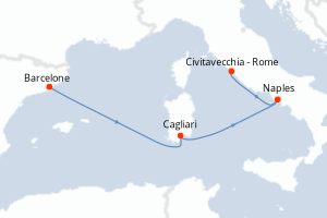 Carte itinéraire croisière Italie, France, Espagne - 4 jours au départ de Barcelone - Méditerranée