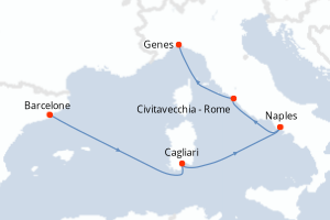 Carte itinéraire croisière Espagne, Italie - 5 jours au départ de Barcelone - Méditerranée