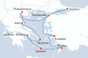 Carte de l'itinéraire de croisière Le Piree - Athenes-Le Piree - Athenes d'une durée de 11 jours