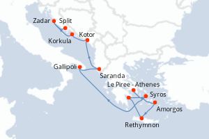 Carte de l'itinéraire de croisière Le Piree - Athenes-Split d'une durée de 11 jours