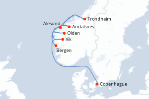Carte de l'itinéraire de croisière Copenhague-Bergen d'une durée de 7 jours