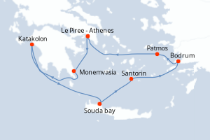 carte itinéraire croisière Méditerranée 7 jours au départ du port de Le Piree - Athenes
