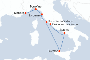 Carte de l'itinéraire de croisière Monaco Monte-Carlo-Civitavecchia - Rome d'une durée de 7 jours