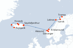Carte de l'itinéraire de croisière Tromso-Reykjavik d'une durée de 14 jours