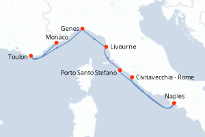 Carte de l'itinéraire de croisière Monaco Monte-Carlo-Civitavecchia - Rome d'une durée de 7 jours