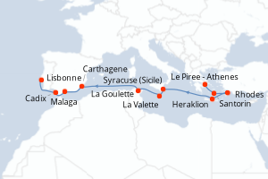 carte itinéraire croisière Sicile 14 jours au départ du port de Le Piree - Athenes