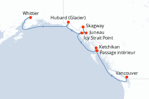 Carte de l'itinéraire de croisière Whittier-Vancouver d'une durée de 7 jours