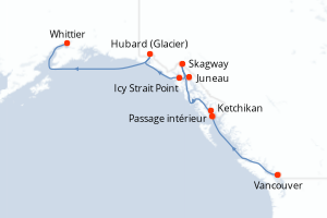 Carte de l'itinéraire de croisière Vancouver-Whittier d'une durée de 7 jours