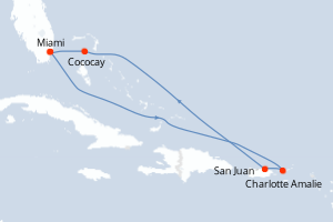 Carte de l'itinéraire de croisière Miami-Miami d'une durée de 7 jours