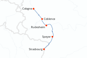 Carte de l'itinéraire de croisière Strasbourg-Cologne d'une durée de 4 jours