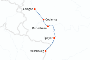 Carte de l'itinéraire de croisière Cologne-Strasbourg d'une durée de 4 jours