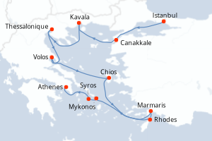 Carte de l'itinéraire de croisière Istanbul-Le Piree - Athenes d'une durée de 10 jours