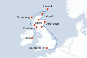 Carte de l'itinéraire de croisière Southampton-Dublin d'une durée de 12 jours