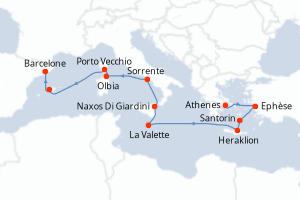 carte itinéraire croisière Sardaigne 12 jours au départ du port de Athenes
