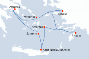 Carte de l'itinéraire de croisière Le Piree - Athenes-Le Piree - Athenes d'une durée de 7 jours