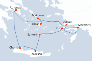 carte itinéraire croisière Méditerranée 9 jours au départ du port de Le Piree - Athenes