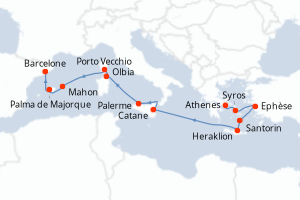 carte itinéraire croisière Sicile 12 jours au départ du port de Le Piree - Athenes