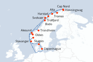 Carte de l'itinéraire de croisière Copenhague-Copenhague d'une durée de 17 jours