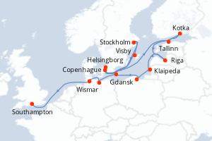 Carte de l'itinéraire de croisière Copenhague-Southampton d'une durée de 15 jours