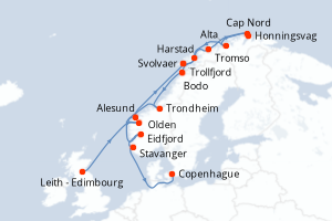 Carte de l'itinéraire de croisière Leith - Edimbourg-Copenhague d'une durée de 16 jours