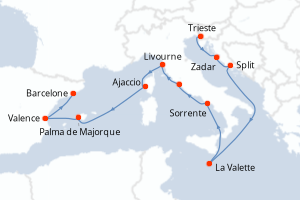 carte itinéraire croisière Adriatique 14 jours au départ du port de Trieste