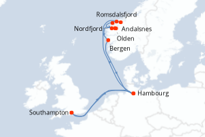 Carte de l'itinéraire de croisière Southampton-Southampton d'une durée de 12 jours