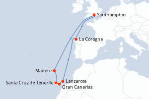 carte itinéraire croisière Europe du Nord 14 jours au départ du port de Southampton