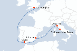 carte itinéraire croisière Méditerranée 8 jours au départ du port de Southampton