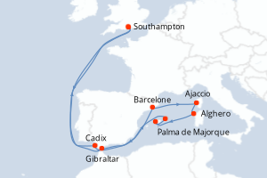 carte itinéraire croisière Europe du Nord 16 jours au départ du port de Southampton