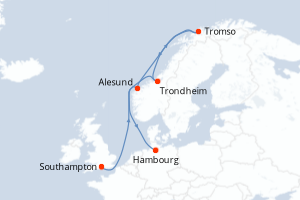 carte itinéraire croisière Fjörds norvégiens 10 jours au départ du port de Southampton