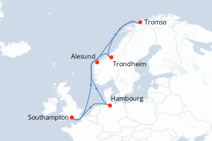 carte itinéraire croisière Fjörds norvégiens 12 jours au départ du port de Southampton