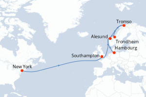 carte itinéraire croisière Transatlantique 17 jours au départ du port de New York